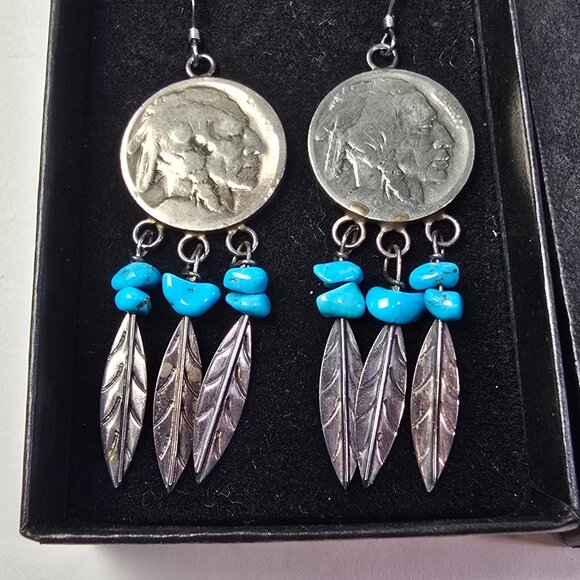 Vintage Navajo Sterling Buffalo Nickel Turquoise Feather Dangle Earrings Native - Picture 5 of 9